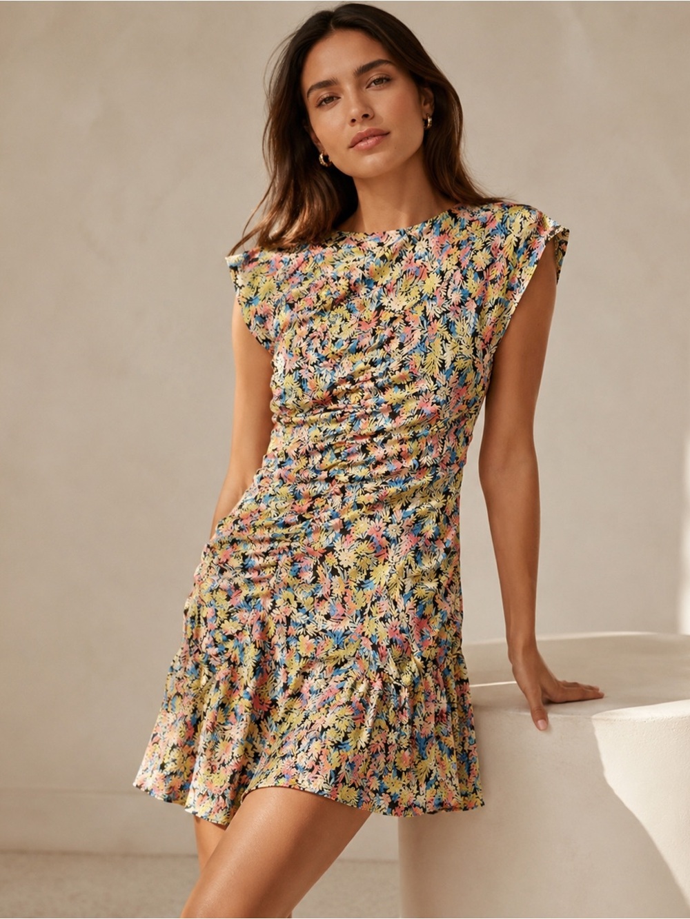 NWT JOIE Leyna Floral Ruched Cap Sleeve Mini Dress Size 4